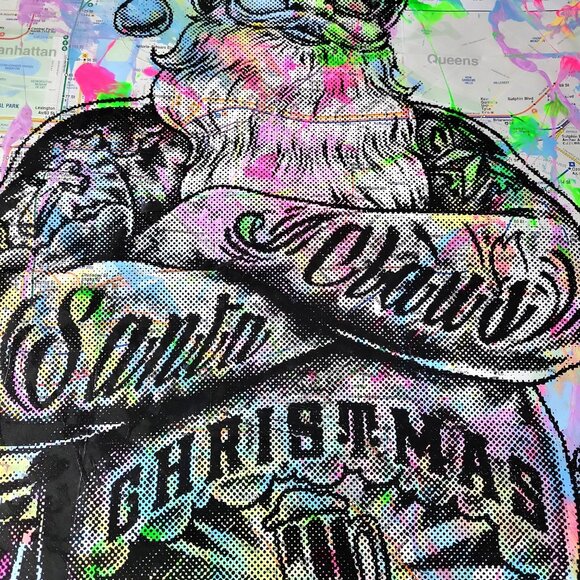 Handpainted Tattoo Santa Claus Acrylic artwork on NYC Subway Map Christmas Decor - Picture 4 of 6